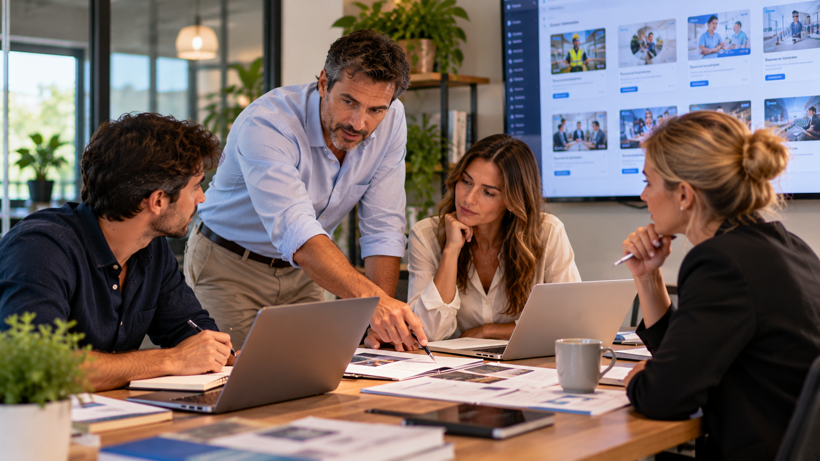 Equipo profesional gestionando un catálogo de formación online